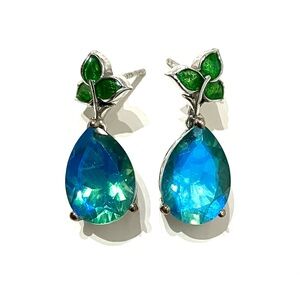 Sterling Silver Iridescent Blue Green Glass Gems Earrings